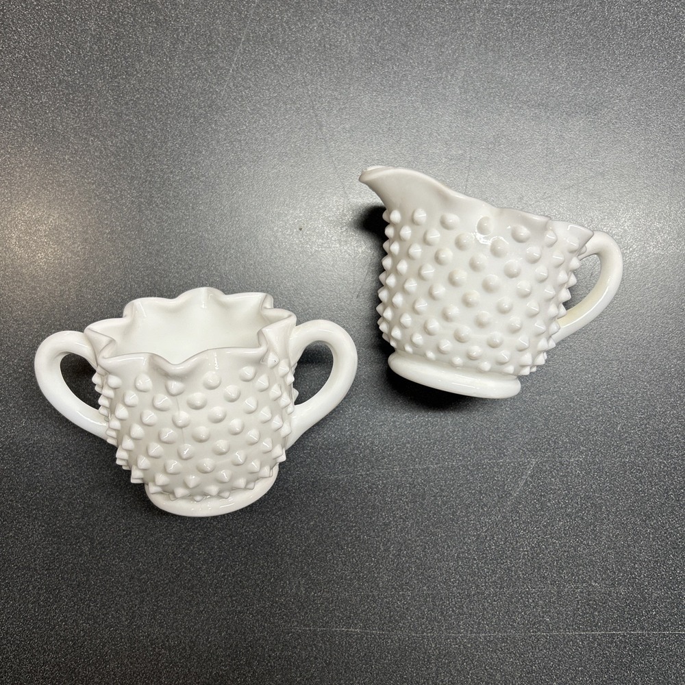 Vintage Hobnail Milk Glass Creamer And Sugar Bowl Flaw